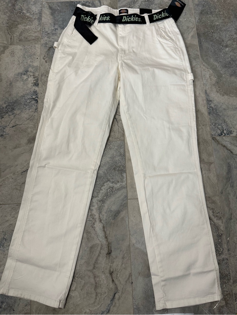 Dickies Women's White Cargo Pants with Black Branded Waistband